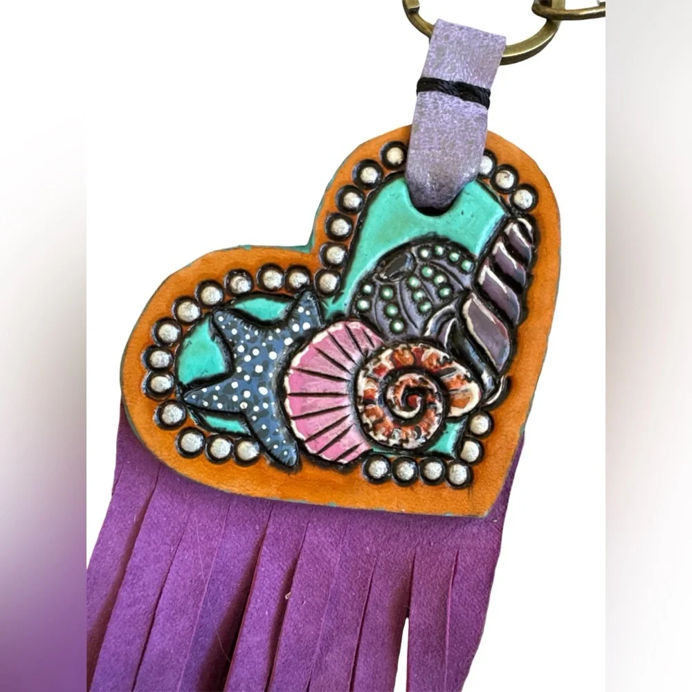 Artisan Southwest Western Leather Heart Ocean Seashell Fringe Purse Keychain